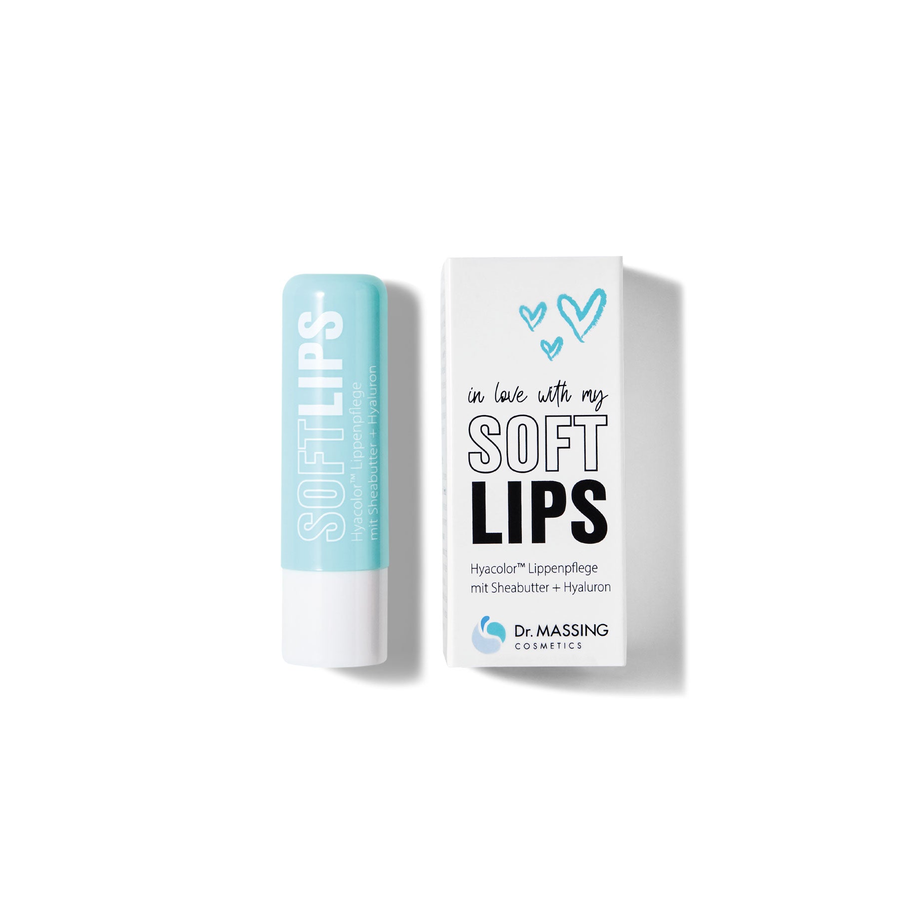 Freisteller Dr. Massing SoftLips Lippenpflege mit Hyaluron Lippenpflege mit Sheabutter Detailansicht petrolfarbige Verpackung