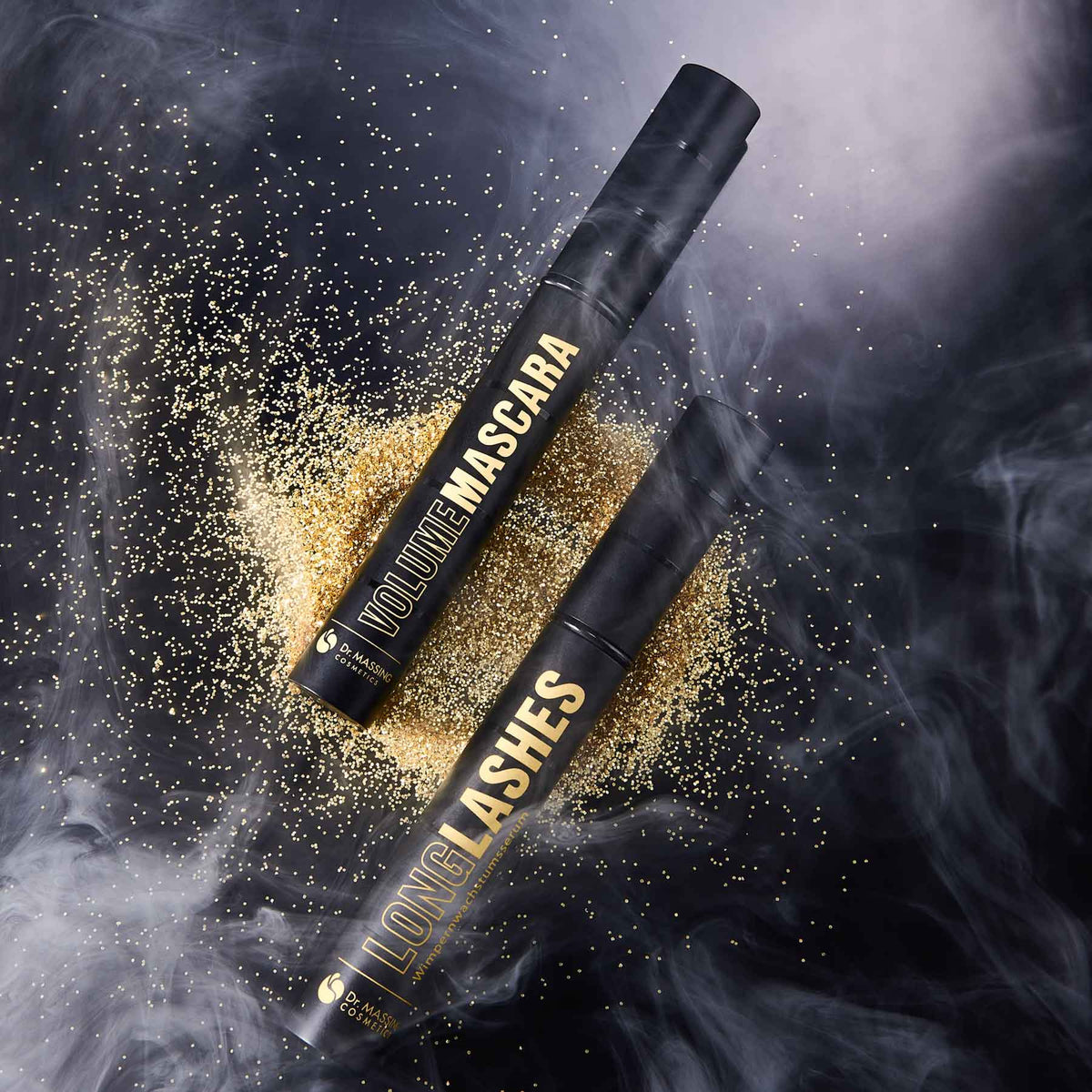 Dr. Massing LongLashes Wimpernserum und Mascara Black Week Sale Bundles Nebel Glitzer Gold