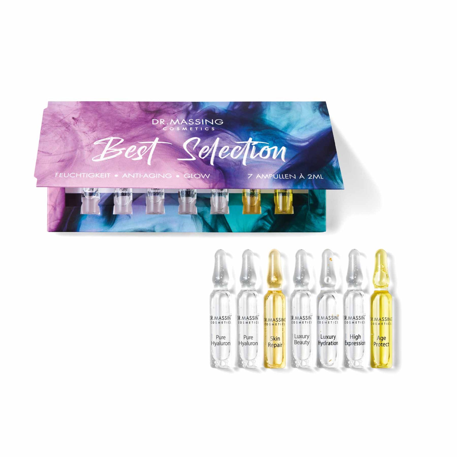 Dr. Massing Best Selection Ampullen 7 Tage Probierbox Verpackung Ampullen im Detail Wirkstoff Ampullen für mehr Pflege, Glow, Feuchtigkeit und Anti-Aging Freisteller Verpackung Glasampulle