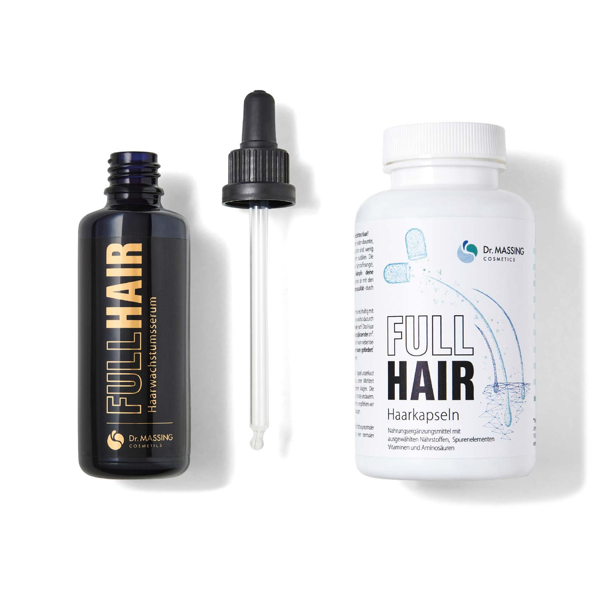 Freisteller Dr. Massing FullHair Set Haarwuchsmittel natürlich Haarwuchs fördern Detailansicht schwarze Flasche mit Pipette Haarkapsel