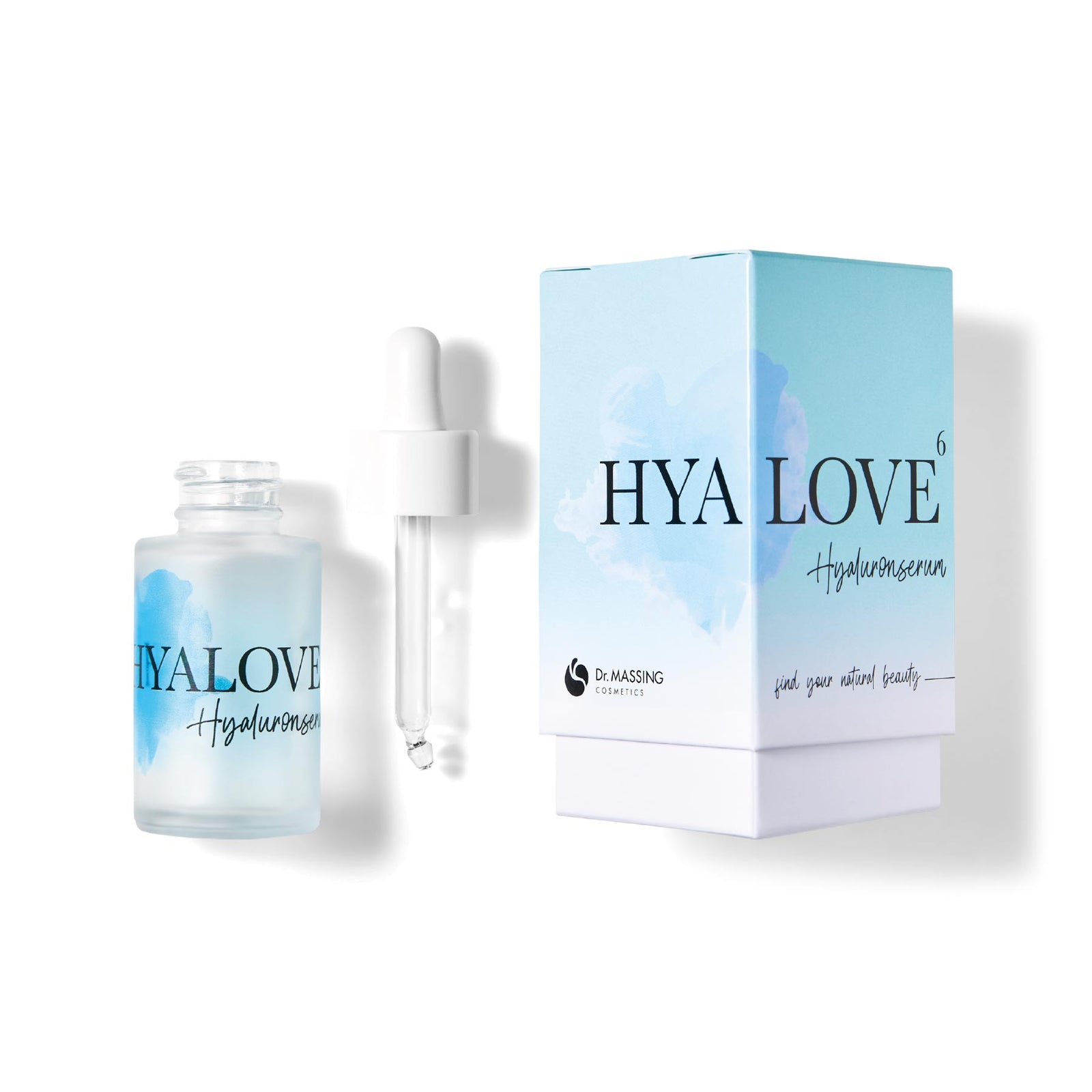 Freisteller Dr. Massing Hyalove Hyaluronserum 6 fach Hyaluronserum Anti Aging Hyaluron Serum Detailansicht Glasflasche Pipette