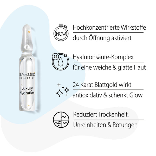 Dr. Massing Luxury Hydration Ampullen 24K Blattgold + Feuchtigkeit und Glow Details Vorteile Übersicht 01
